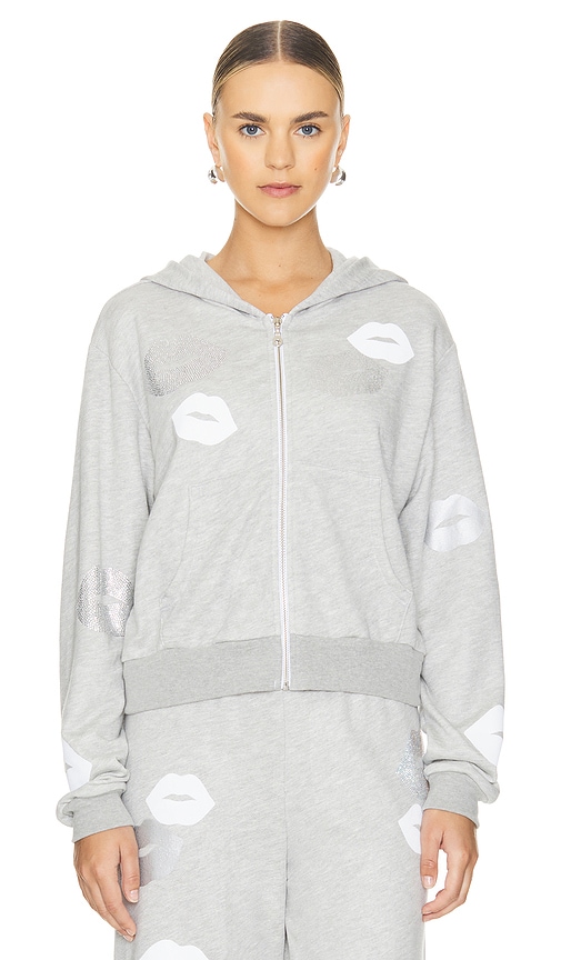 Shop Lauren Moshi Lachelle Crystal Multi Lips Crop Zip Up Hoodie In Grey