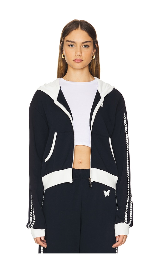 Shop Lauren Moshi Audri Color Block Crop Happyface Zip Up Hoodie In Dark Navy & Milk