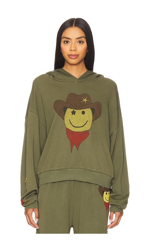 Cowboy Happyface Pullover Hoodie in Olive. - size XS (also in L, M, S, XL)
