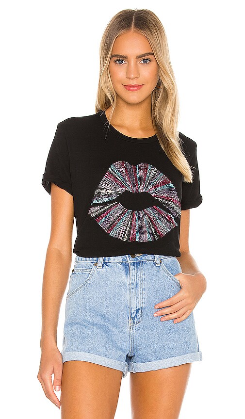 Lauren Moshi Edda Crystal Rainbow Lip Vintage Tee in Black