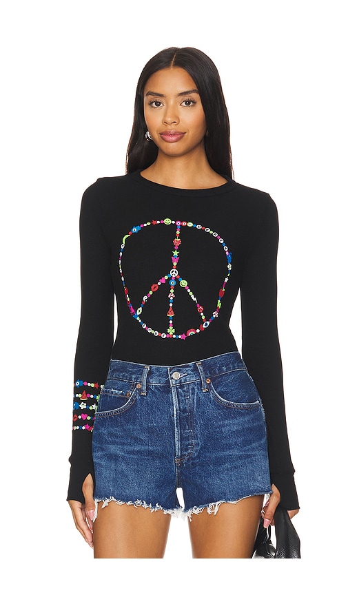 Shop Lauren Moshi Mckinley Long Sleeve Fitted Thermal Charm Peace Sign In Black