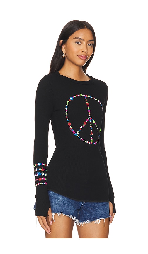 Shop Lauren Moshi Mckinley Long Sleeve Fitted Thermal Charm Peace Sign In Black