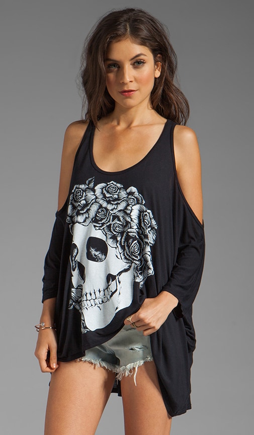 Macy Skull with Rose Open Shoulder Top