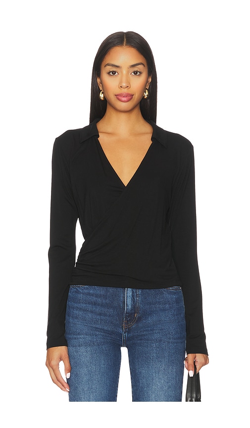 Lna Camryn Wrap Long Sleeve Top In Black