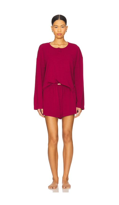 Lunya Long Sleeve Henley Short Set In Pink