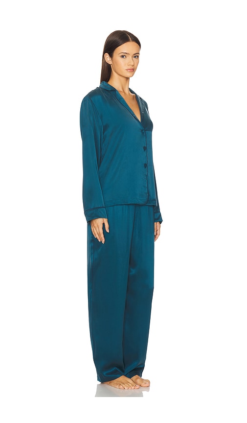 Lunya Washable Silk Piped Long Sleeve Pant Set In Blue