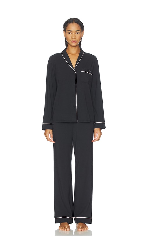 Lunya Slumberknit Shawl Collar Button Down Pant Set In Black