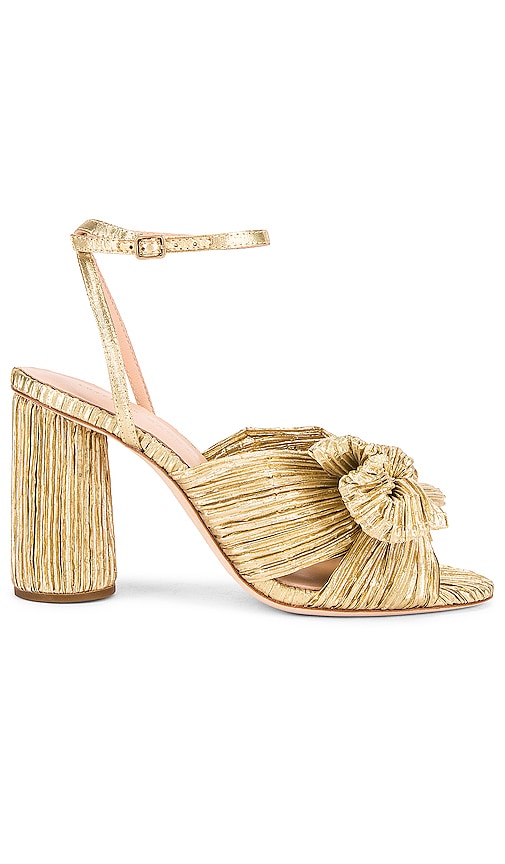 Loeffler Randall Camellia Bow Heel With Ankle Strap in Gold | REVOLVE