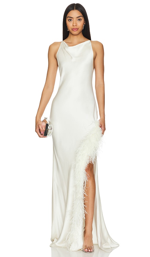 Shop Lapointe Cowl Neck Gown With Ostrich Feathers In 奶油色