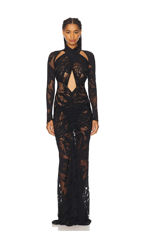 Burnout Jersey Halter Ruched Gown in Black. - size 4 (also in 0, 2)