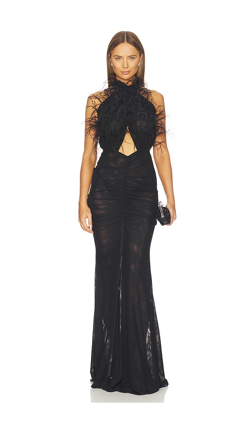 Lapointe Feather Embroidery Sleeveless Halter Ruched Gown