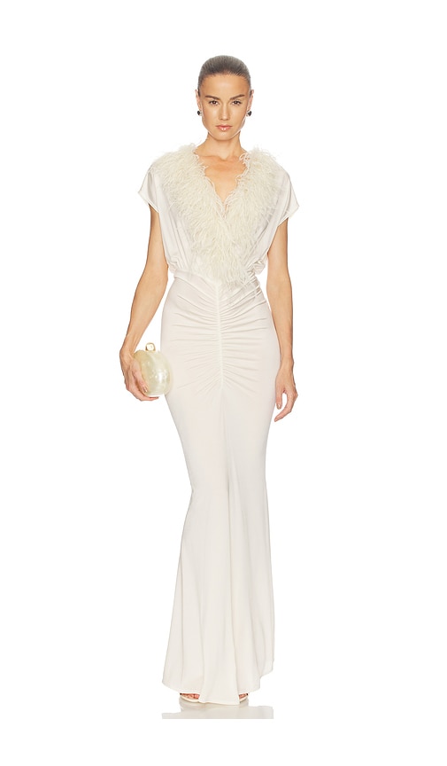 Lapointe V Neck Shirred Gown With Feathers