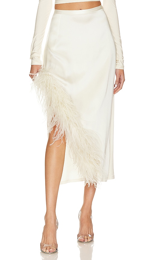 Lapointe Asymmetric Feather-trimmed Crepe Midi Skirt In Cream