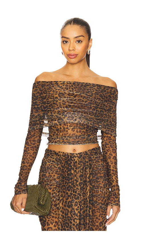 Lapointe Printed Mesh Off The Shoulder Top In Brown