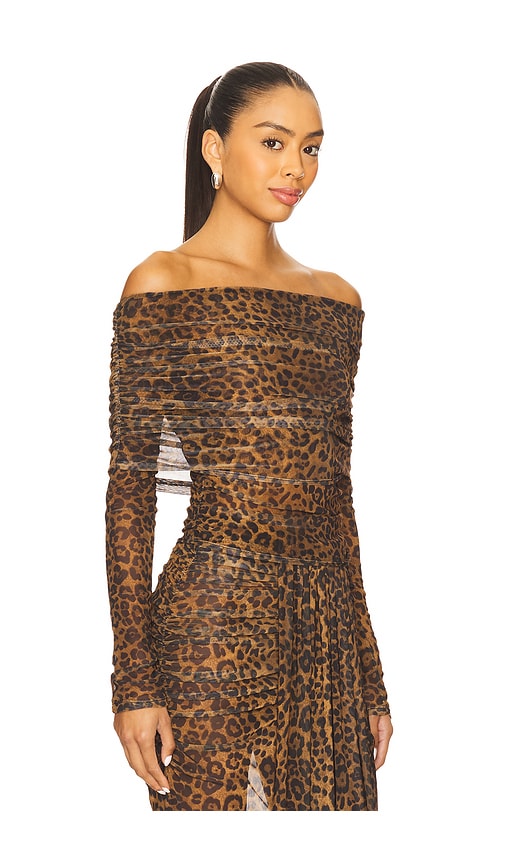 Lapointe Printed Mesh Off The Shoulder Top In Brown