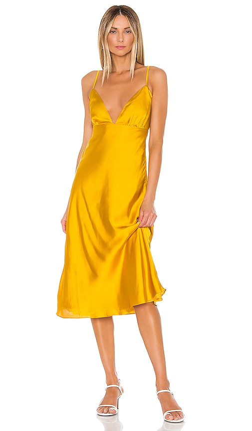 mustard satin midi dress