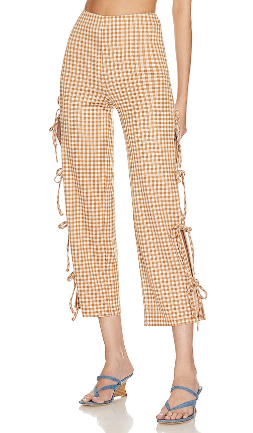 Free People Kate Plaid Straight Leg Pant in Brown & White