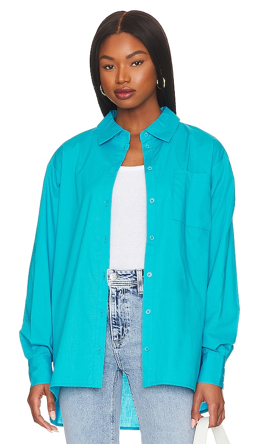 Lovers & Friends Myers Button Down Top In Turquoise Blue