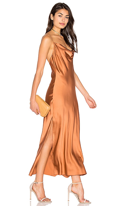 bronze satin slip dress