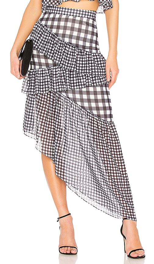 LPA Asymmetric Ruffle Maxi Skirt in Mixed Gingham