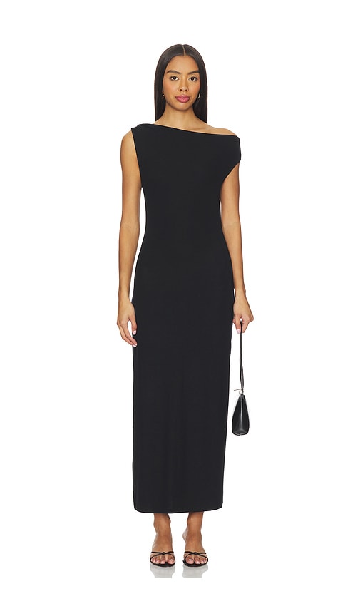 Leset Lauren Ruched Asymmetrical Shoulder Dress Black In Blue