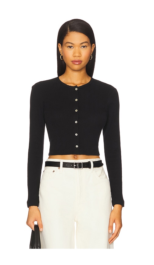Pointelle Crop Cardigan in Black. - size XL (also in L, M, S, XS)