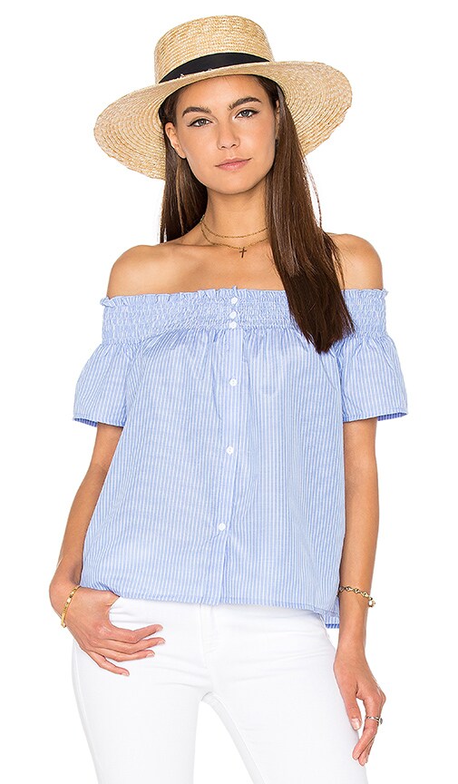 Lucca Couture Off Shoulder Top in Powder Blue Stripes