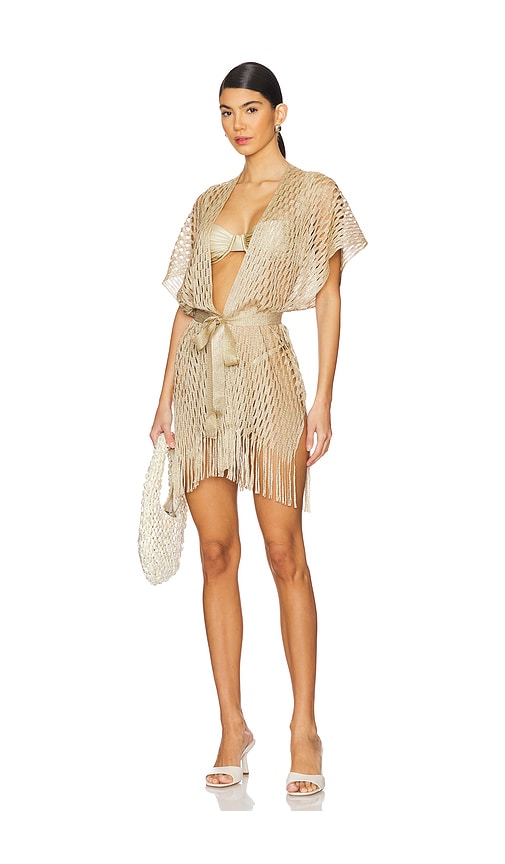  Luli Fama Kaftan Short In Metallic Gold. 