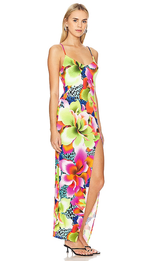 Shop Luli Fama Tropical Illusions Fitted Side Slit Maxi Dress In 混蓝色