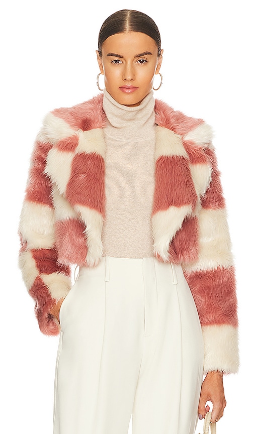 MAJORELLE Annie Cropped Faux Fur Jacket in Dusty Pink Check | REVOLVE