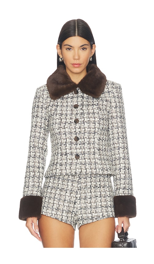 Ivette Faux Fur Trim Tweed Jacket by MAJORELLE Collection in Grey Multi Tweed