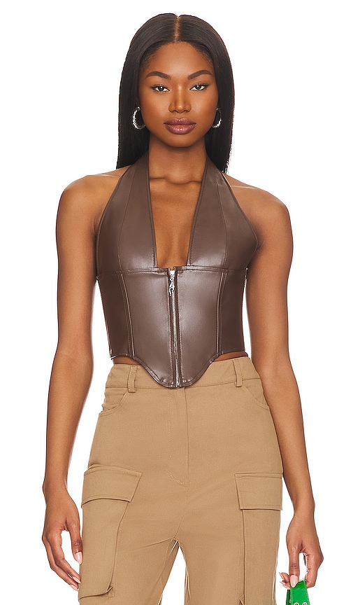 Miaou Brown Hannah Jewett Edition Mara Faux-leather Corset In Brown Leather