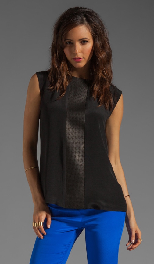 Silk and Perforated Leather Short Sleeve Top