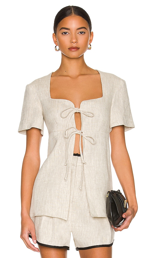 MATTHEW BRUCH Apron Linen Tie Blouse in Oatmeal