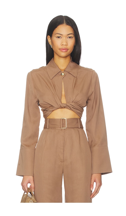 Matthew Bruch Collared Long Sleeve Wrap Top In Brown
