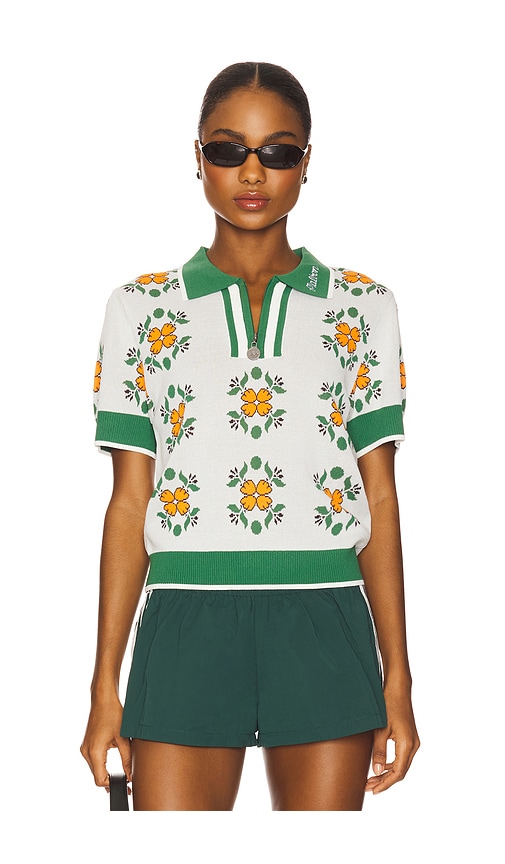 Lucia Quarter Zip Polo Top in Green,Ivory. - size XL (also in L)