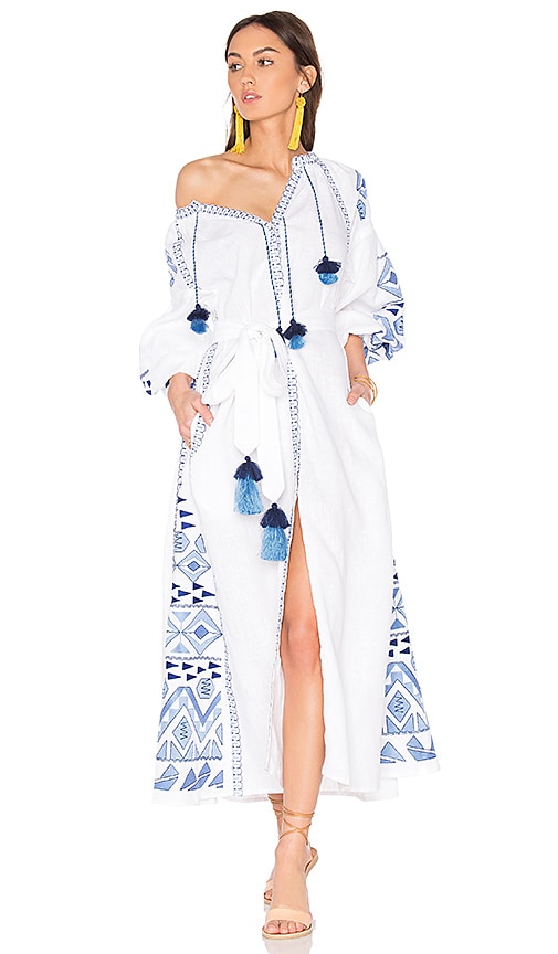 white maxi dress with blue embroidery