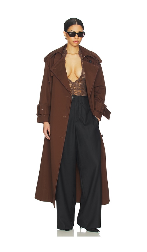Mimchik Hooded Scarf Trench Coat In Brown