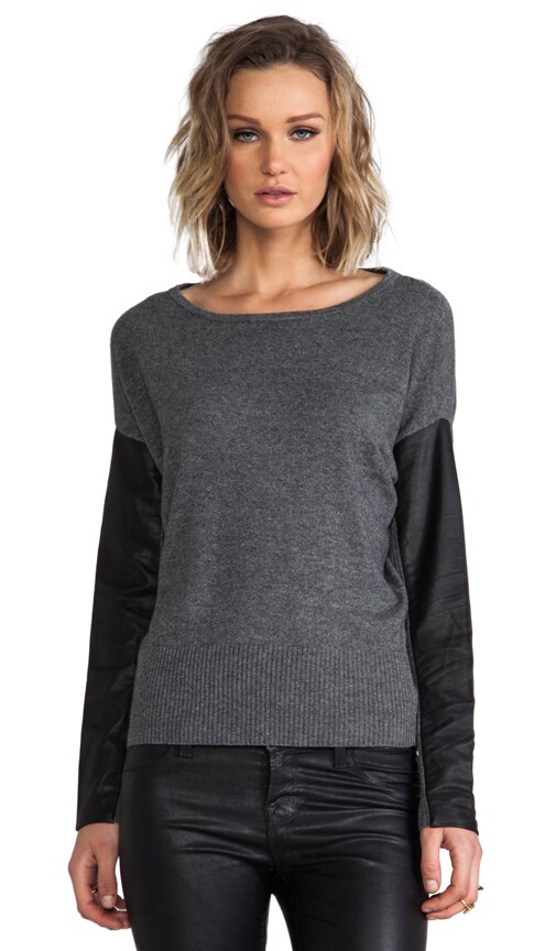 Cashmere Blend Leather Sleeve Dolman Boatneck Pullover inHeather Grey/Black