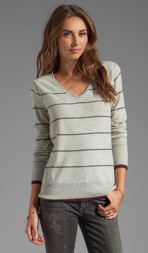 Cashmere Blend Stripe Long Sleeve V Neck Pullover