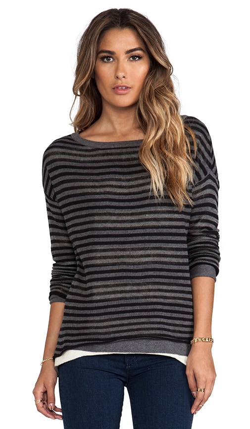 Double Layer Stripe Reversible Long Sleeve Boatneck Hi-Low Sweater