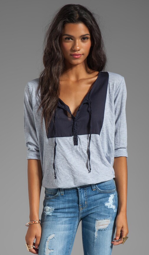 Mini Stripe Voile Mix 3/4 Sleeve Blouson Hem Henley