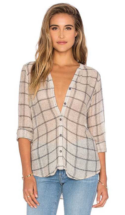 Plaid Mesh Long Sleeve Henley Top