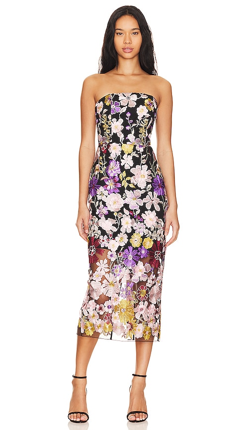 Milly Floral Embroidered Mesh Strapless Midi Dress In Multi