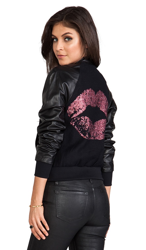 RUNWAY Kiss Jacquard Leather Sleeve Bomber Jacket