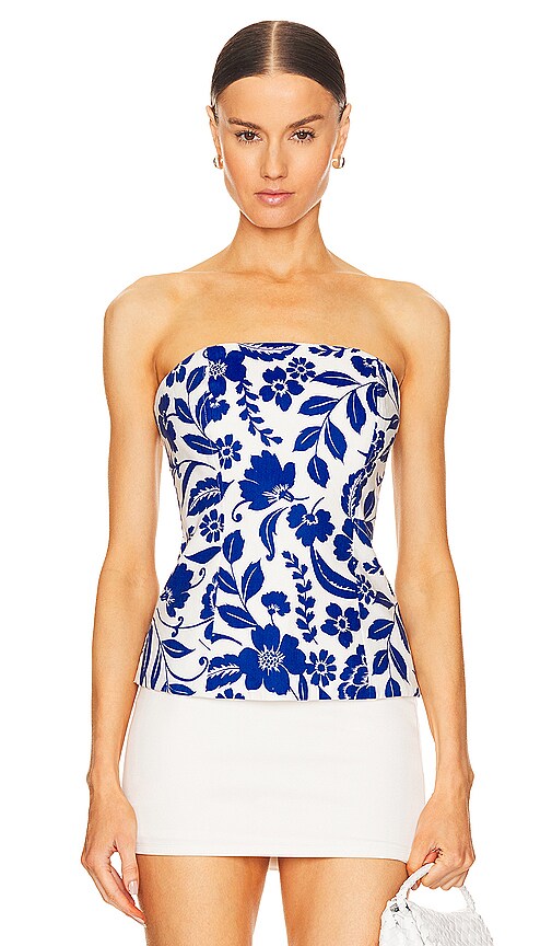 MILLY Flowers Of Spain Linen Top in Blue & White