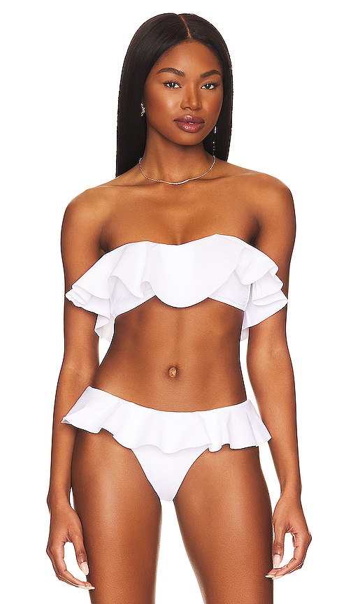 MILLY Cabana Solid Ruffle Bandeau Bikini Top in White