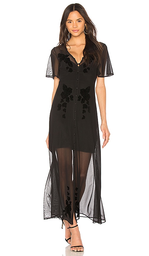 flocked mesh maxi dress
