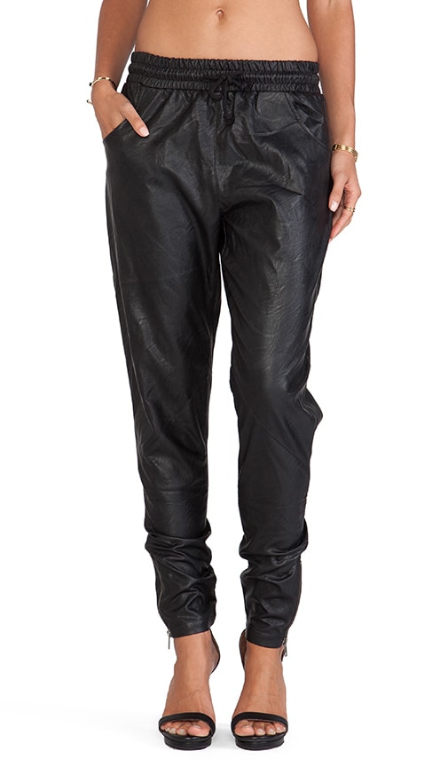 black faux leather joggers