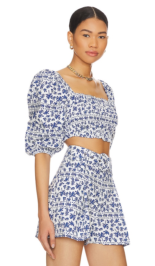Shop Minkpink Ithica Shirred Crop Top In Blue & White